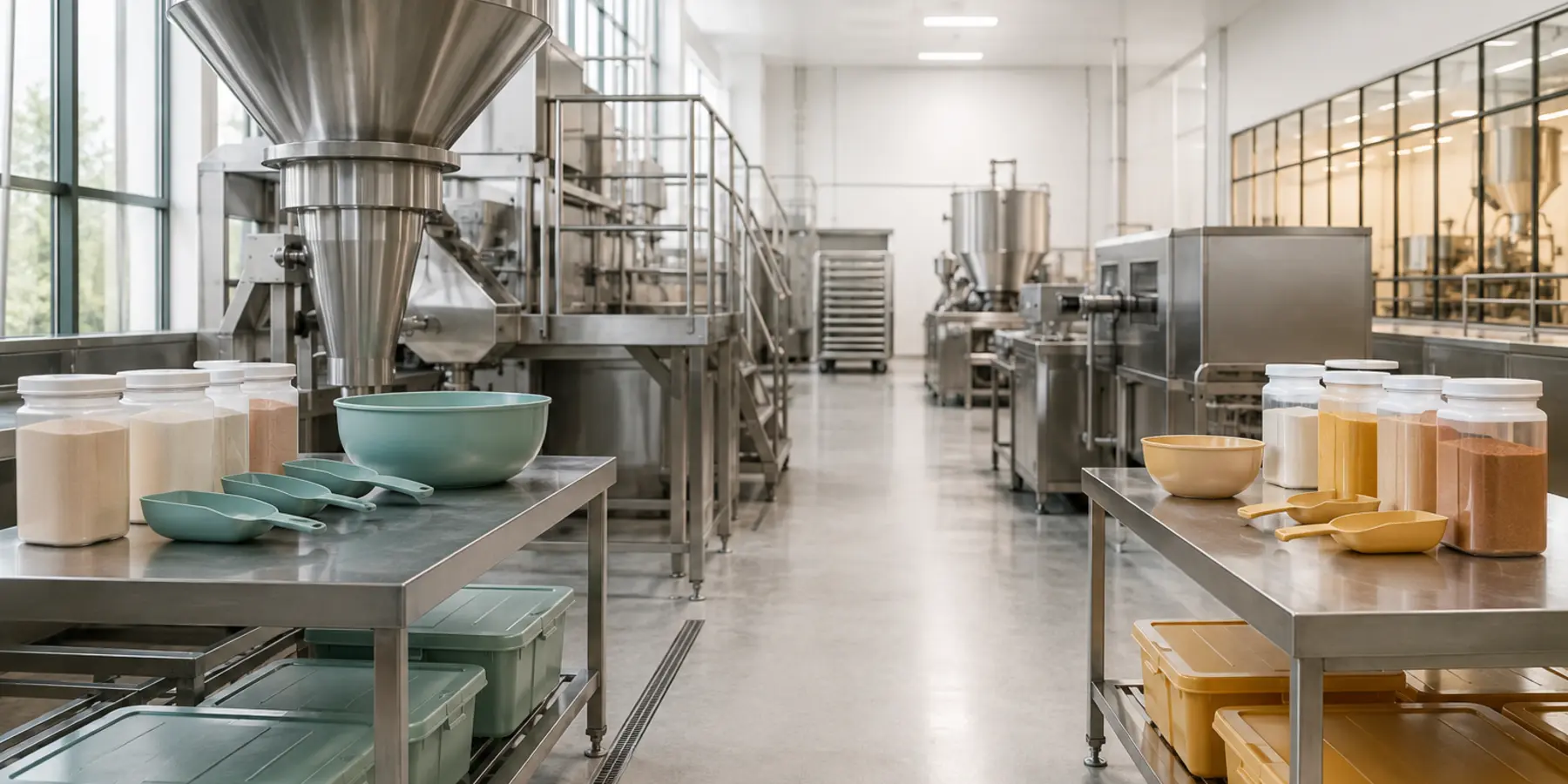 Ingredientes separados en una planta alimentaria con controles preventivos de alérgenos